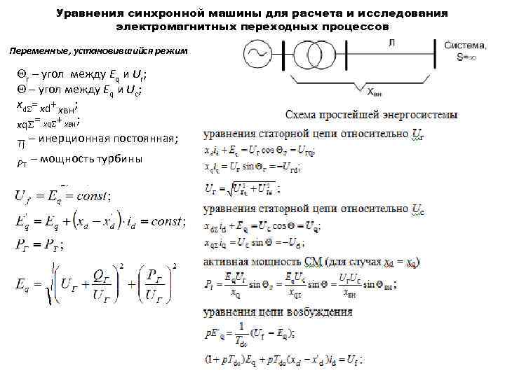 Уравнения синхронной машины для расчета и исследования электромагнитных переходных процессов Переменные, установившийся режим г