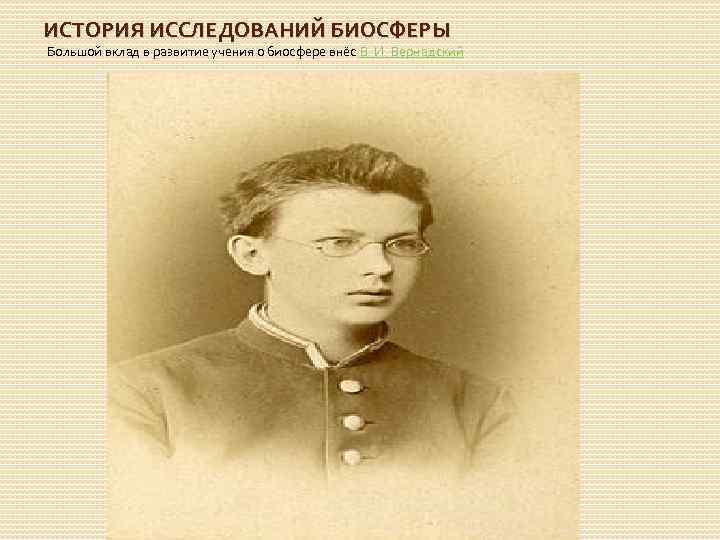 ИСТОРИЯ ИССЛЕДОВАНИЙ БИОСФЕРЫ Большой вклад в развитие учения о биосфере внёс В. И. Вернадский