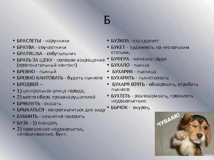 Б • • • • БРАСЛЕТЫ - наручники БРАТВА - соучастники БРАТИШКА - собутыльник