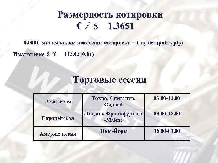 Размерность котировки € ∕ $ 1. 3651 0. 0001 минимальное изменение котировки = 1