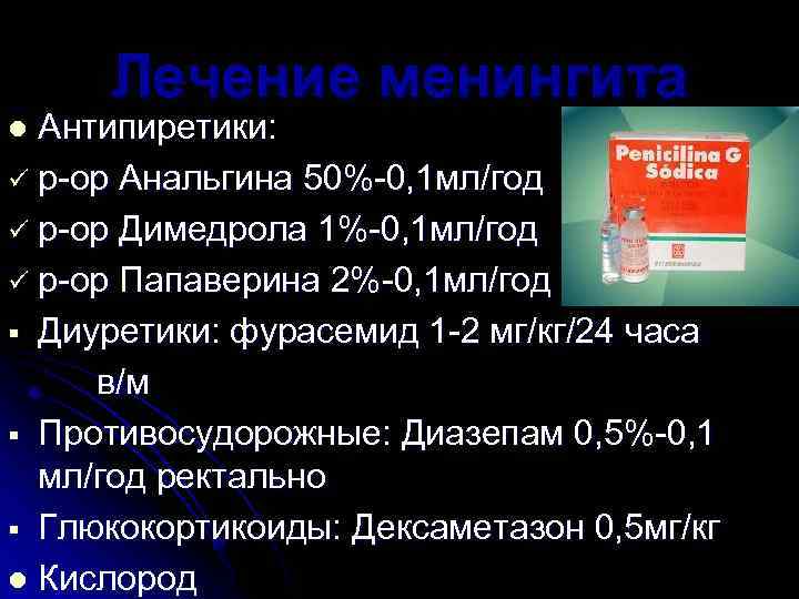 Лечение менингита Антипиретики: ü р-ор Анальгина 50%-0, 1 мл/год ü р-ор Димедрола 1%-0, 1