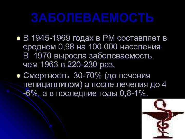 ЗАБОЛЕВАЕМОСТЬ В 1945 -1969 годах в РМ составляет в среднем 0, 98 на 100