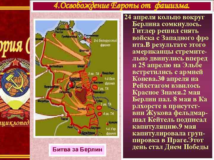 4. Освобождение Европы от фашизма. Битва за Берлин 24 апреля кольцо вокруг Берлина сомкнулось.