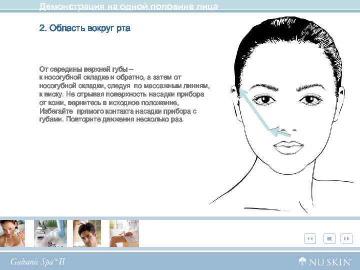 Демонстрация на одной половине лица 2. Область вокруг рта От середины верхней губы –