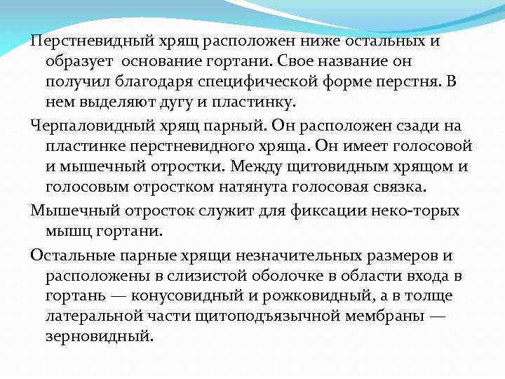 Перстневидный хрящ расположен ниже остальных и образует основание гортани. Свое название он получил благодаря