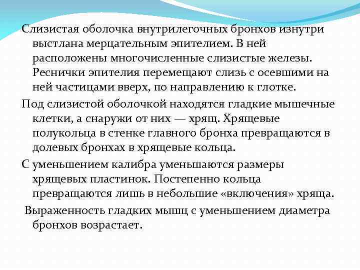 Слизистая оболочка внутрилегочных бронхов изнутри выстлана мерцательным эпителием. В ней расположены многочисленные слизистые железы.