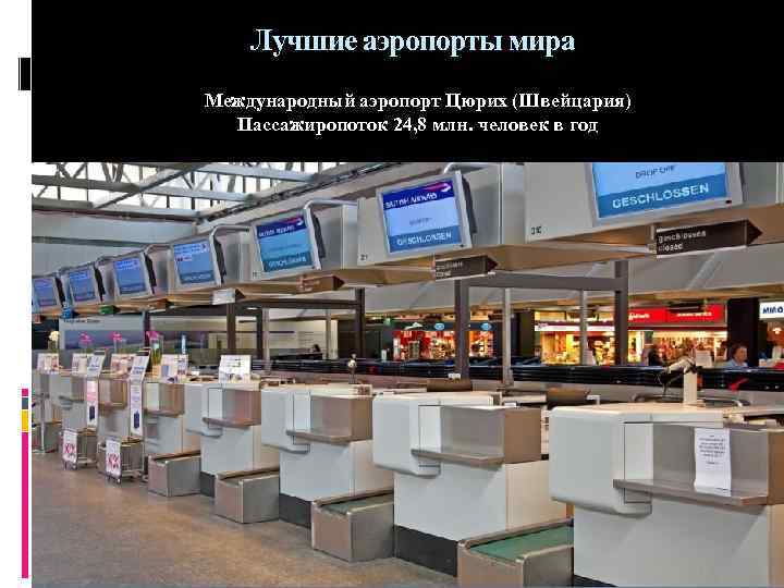 Лучшие аэропорты мира Международный аэропорт Цюрих (Швейцария) Пассажиропоток 24, 8 млн. человек в год