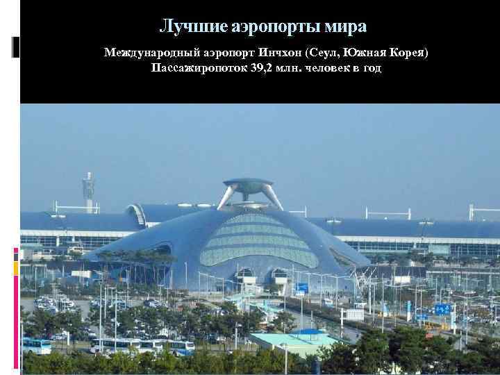 Лучшие аэропорты мира Международный аэропорт Инчхон (Сеул, Южная Корея) Пассажиропоток 39, 2 млн. человек