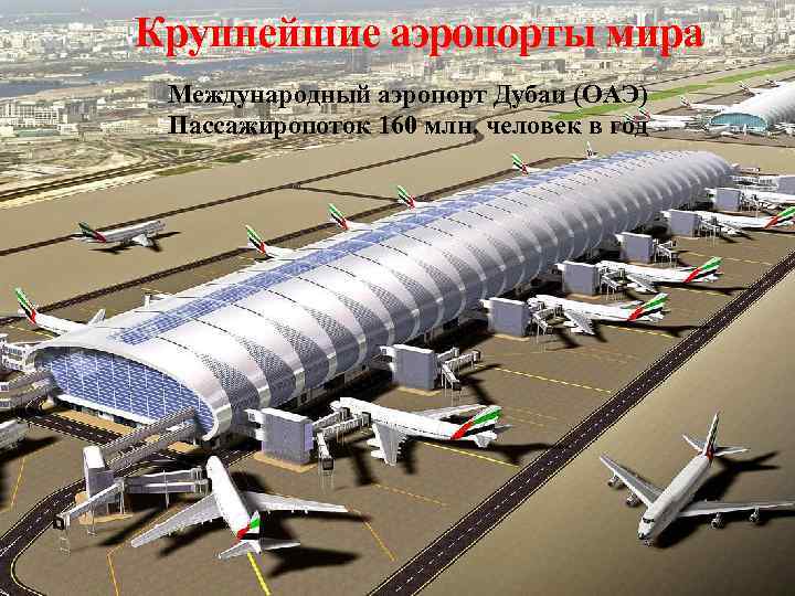 Крупнейшие аэропорты мира Международный аэропорт Дубаи (ОАЭ) Пассажиропоток 160 млн. человек в год 