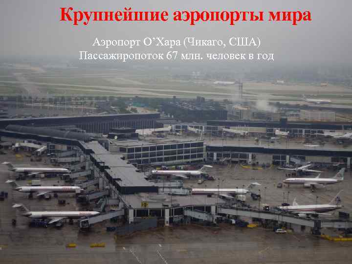 Крупнейшие аэропорты мира Аэропорт О’Хара (Чикаго, США) Пассажиропоток 67 млн. человек в год 