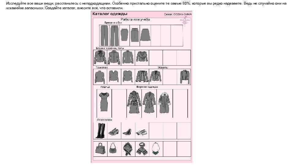 Исследуйте все ваши вещи, расстаньтесь с неподходящими. Особенно пристально оцените те самые 80%, которые