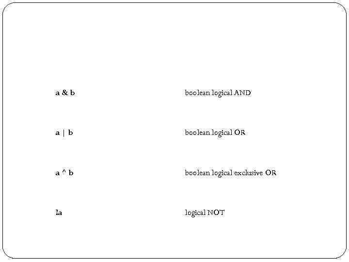 a&b boolean logical AND a|b boolean logical OR a^b boolean logical exclusive OR !a