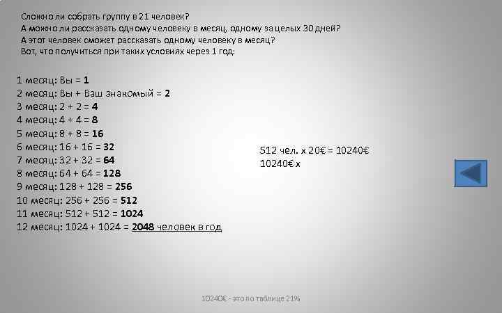 Сложно ли собрать группу в 21 человек? А можно ли рассказать одному человеку в