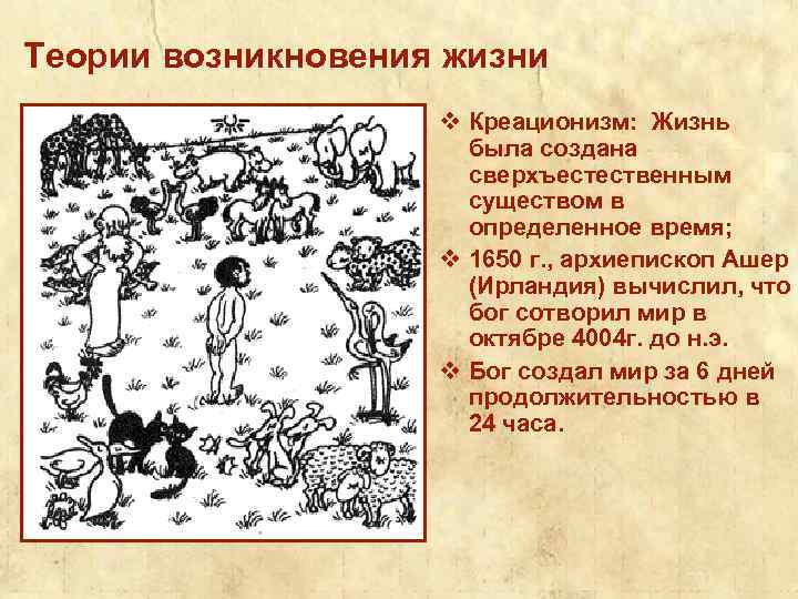 Теории возникновения жизни v Креационизм: Жизнь была создана сверхъестественным существом в определенное время; v