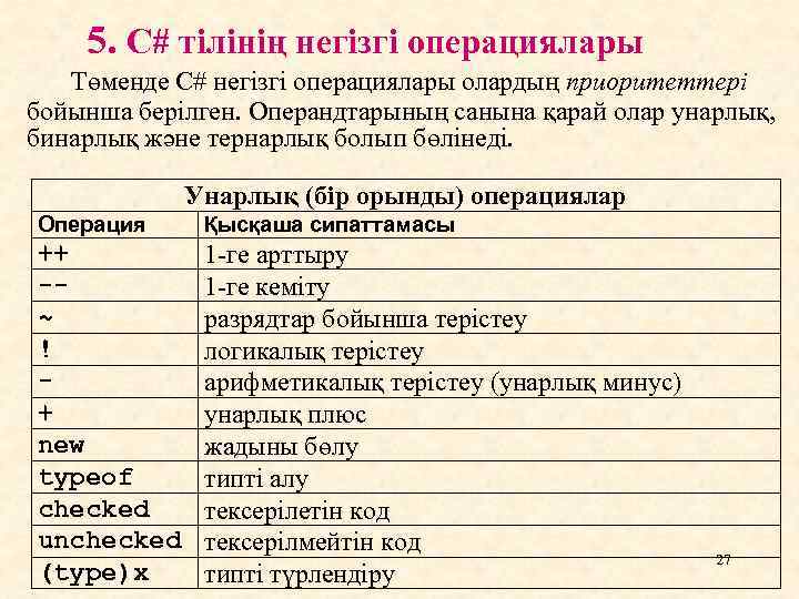 5. C# тілінің негізгі операциялары Төменде C# негізгі операциялары олардың приоритеттері бойынша берілген. Операндтарының