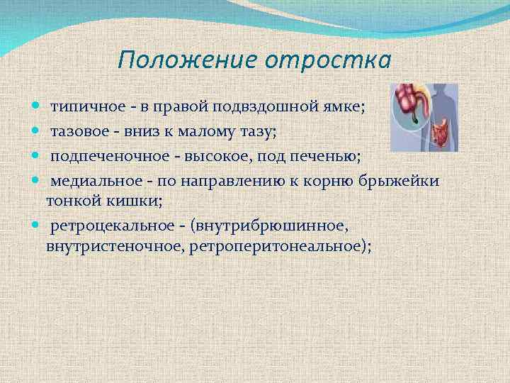 Положение отростка типичное в правой подвздошной ямке; тазовое вниз к малому тазу; подпеченочное высокое,