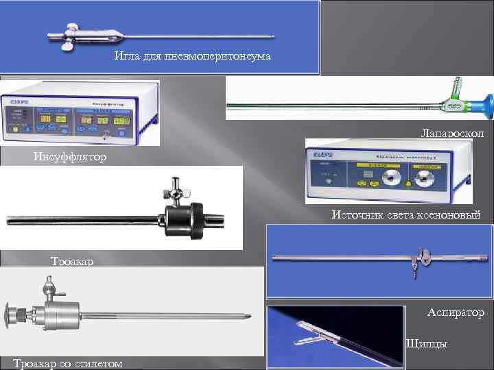 Игла для пневмоперитонеума Лапароскоп Инсуффлятор Источник света ксеноновый Троакар Аспиратор Щипцы Троакар со стилетом