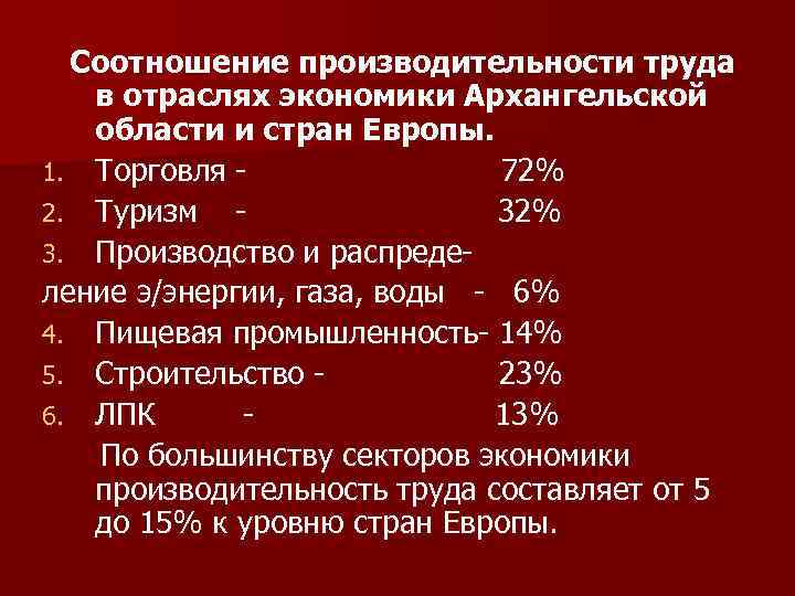 Соотношение производительности труда в отраслях экономики Архангельской области и стран Европы. 1. Торговля 72%