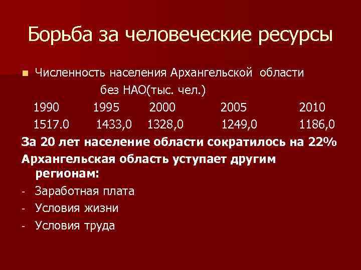 Борьба за человеческие ресурсы Численность населения Архангельской области без НАО(тыс. чел. ) 1990 1995