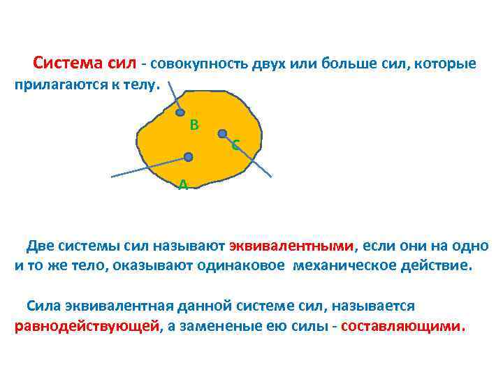  Система сил совокупность двух или больше сил, которые прилагаются к телу. В С