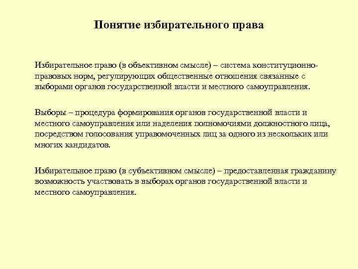 Избирательное право в объективном смысле. Избирательное право термины.