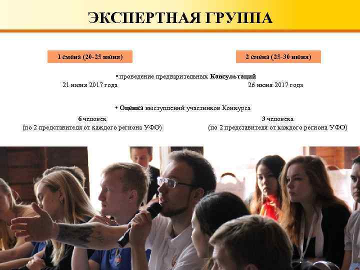 ЭКСПЕРТНАЯ ГРУППА 1 смена (20 -25 июня) 2 смена (25 -30 июня) • проведение