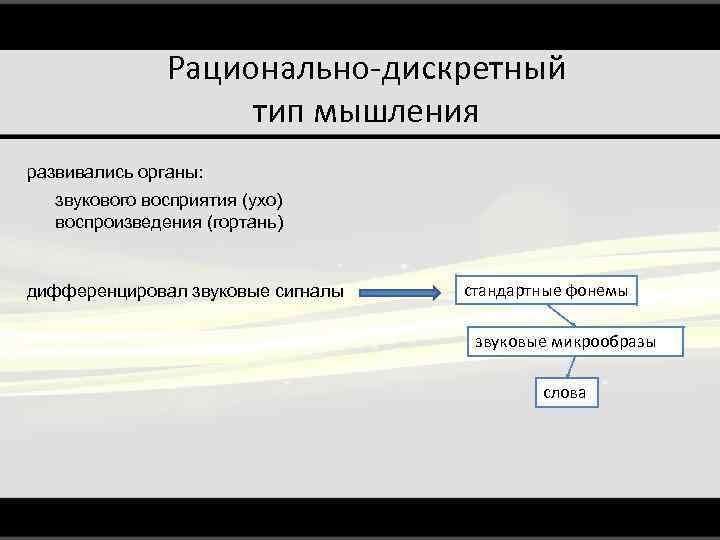 Рационально-дискретный тип мышления развивались органы: звукового восприятия (ухо) воспроизведения (гортань) дифференцировал звуковые сигналы стандартные
