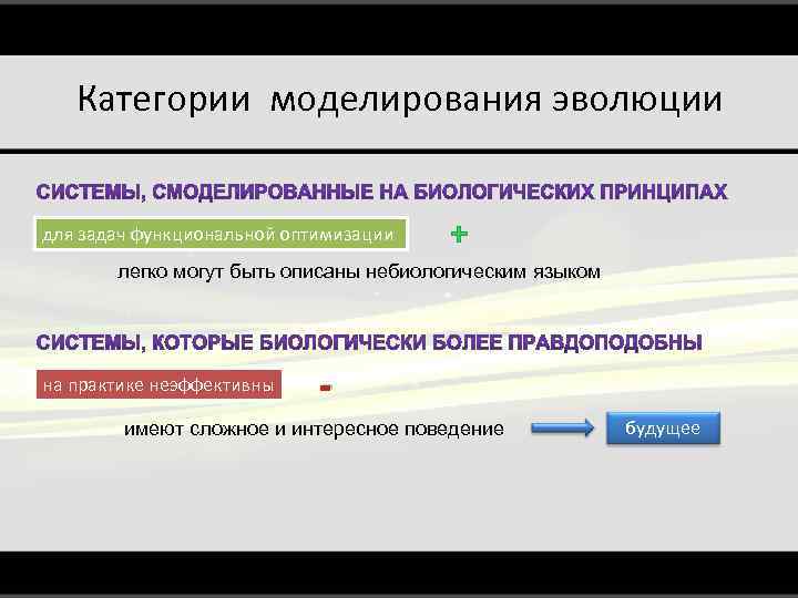 Категории моделирования эволюции для задач функциональной оптимизации + легко могут быть описаны небиологическим языком