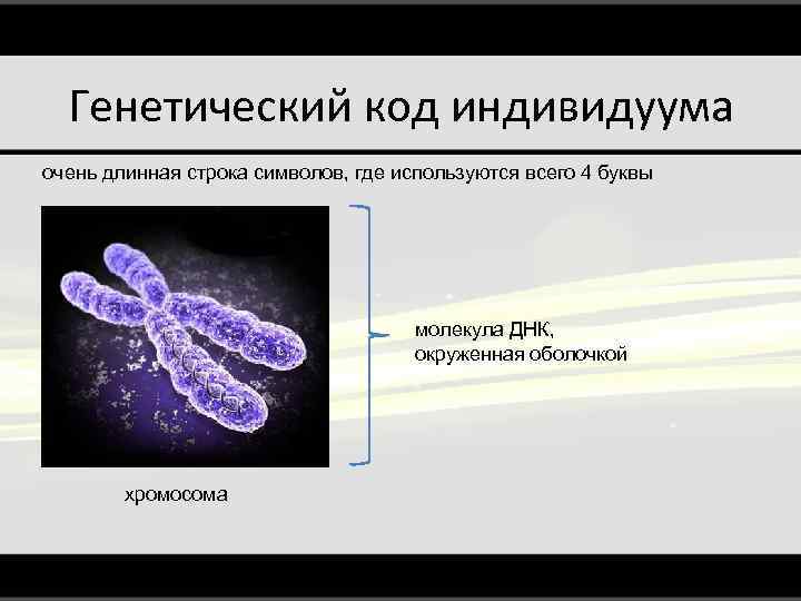 Генетический код индивидуума очень длинная строка символов, где используются всего 4 буквы молекула ДНК,