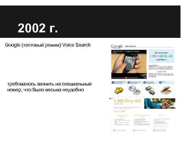 2002 г. Google (тестовый режим) Voice Search требовалось звонить на специальный номер, что было