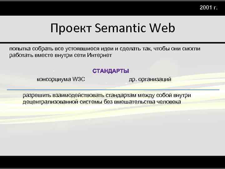 2001 г. Проект Semantic Web попытка собрать все устоявшиеся идеи и сделать так, чтобы