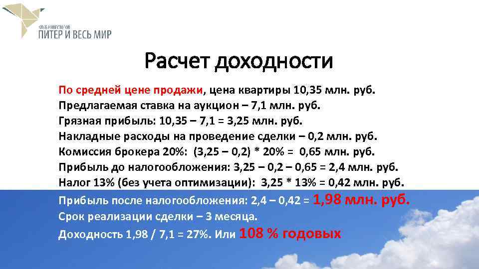 Расчет доходности По средней цене продажи, цена квартиры 10, 35 млн. руб. Предлагаемая ставка