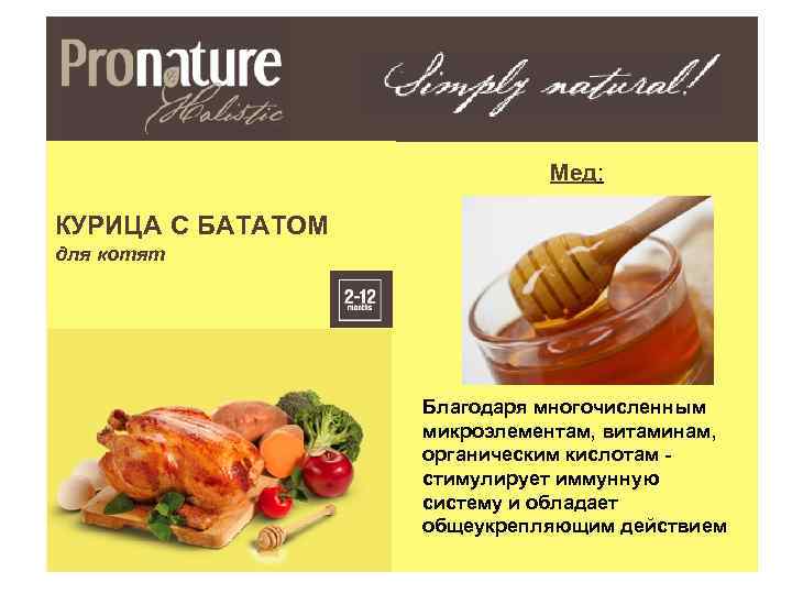 Мед: КУРИЦА С БАТАТОМ для котят Благодаря многочисленным микроэлементам, витаминам, органическим кислотам стимулирует иммунную