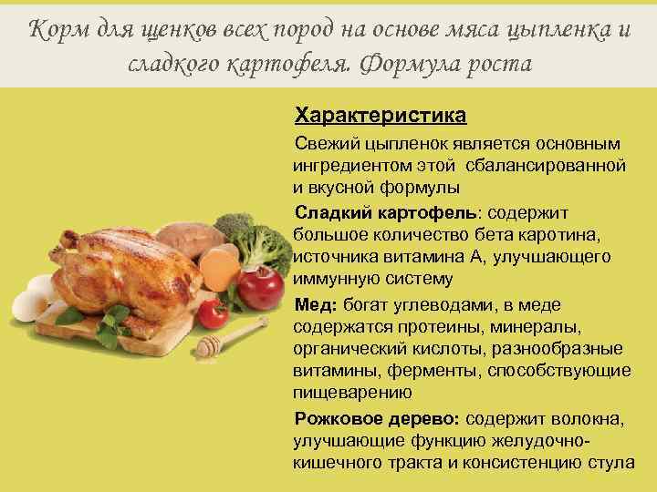 Корм для щенков всех пород на основе мяса цыпленка и сладкого картофеля. Формула роста