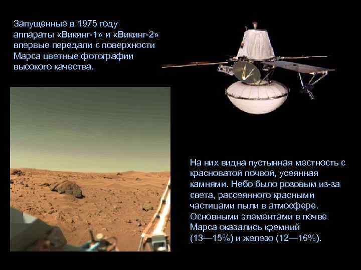 Запущенные в 1975 году аппараты «Викинг-1» и «Викинг-2» впервые передали с поверхности Марса цветные