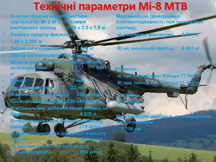  • • • • Технічні параметри Мі-8 МТВ Льотно-технічні характеристики • вертольотів Мі-8