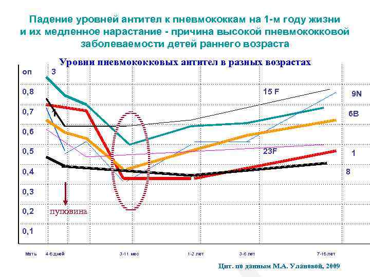 Падение уровней антител к пневмококкам на 1 -м году жизни и их медленное нарастание