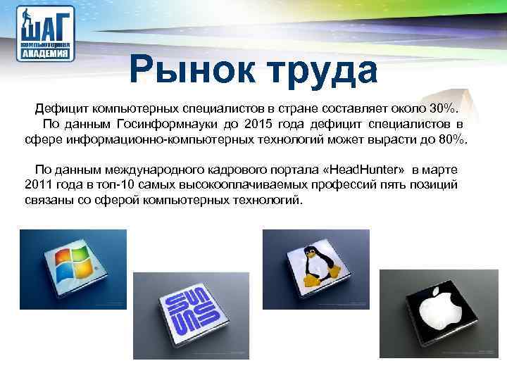 LOGO Рынок труда Дефицит компьютерных специалистов в стране составляет около 30%. По данным Госинформнауки