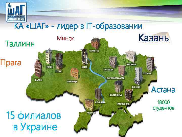 LOGO КА «ШАГ» - лидер в IT-образовании Таллинн Минск Казань Прага Астана 15 филиалов