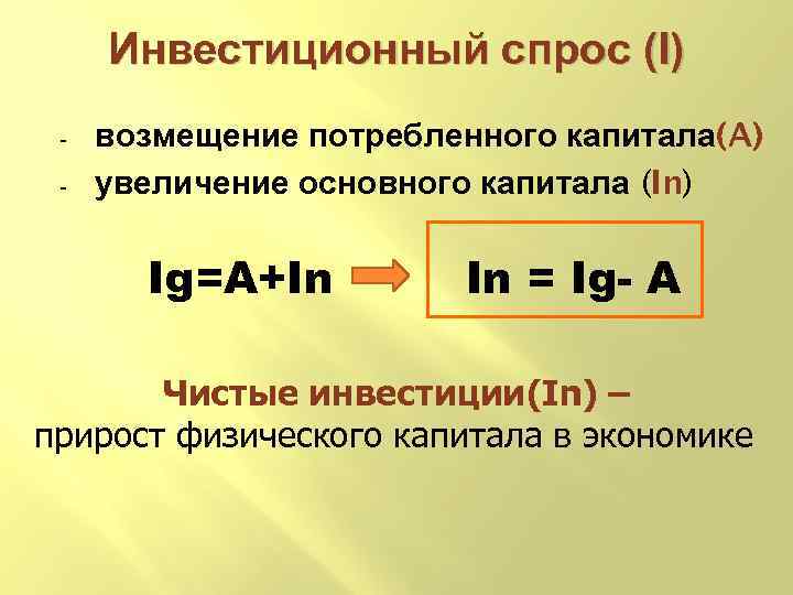 Инвестиционный спрос (I) - возмещение потребленного капитала(A) увеличение основного капитала (In) Ig=A+In In =