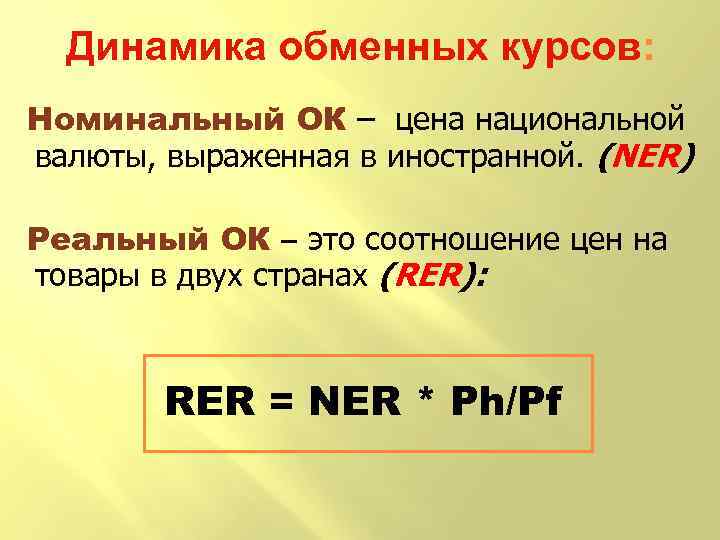 Динамика обменных курсов: Номинальный ОК – цена национальной валюты, выраженная в иностранной. (NER) Реальный