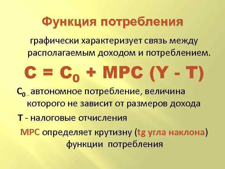 Функция потребления графически характеризует связь между располагаемым доходом и потреблением. С = С 0