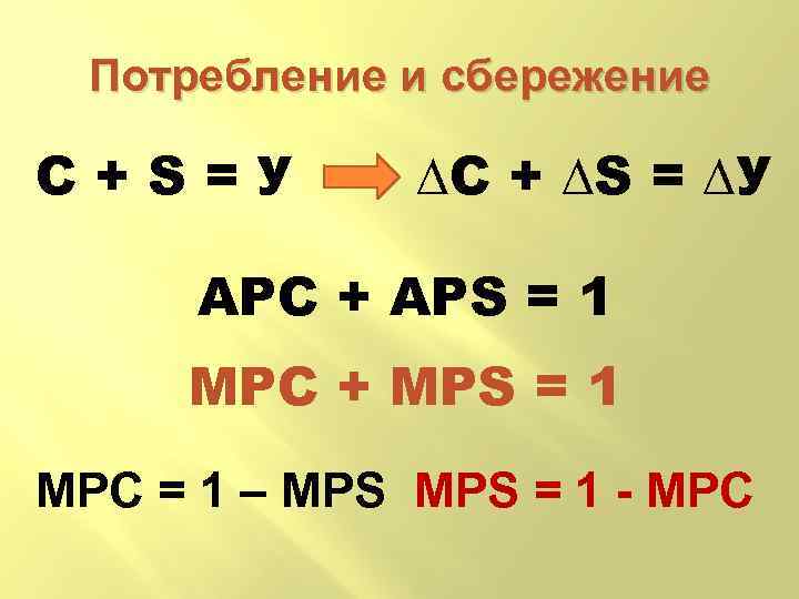 Потребление и сбережение С+S=У ∆С + ∆S = ∆У АРС + АPS = 1
