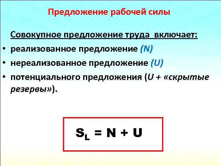 Предложение рабочей силы Совокупное предложение труда включает: • реализованное предложение (N) • нереализованное предложение