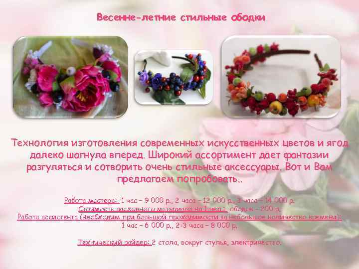 Весенне-летние стильные ободки Технология изготовления современных искусственных цветов и ягод далеко шагнула вперед. Широкий