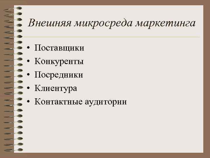 Внешняя микросреда маркетинга • • • Поставщики Конкуренты Посредники Клиентура Контактные аудитории 