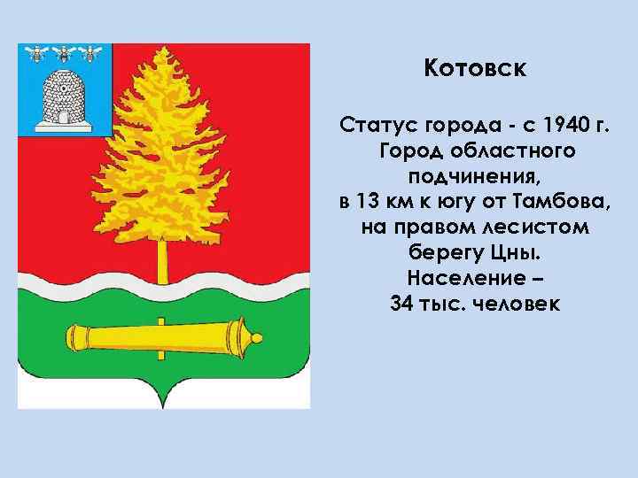 Котовск Статус города - с 1940 г. Город областного подчинения, в 13 км к