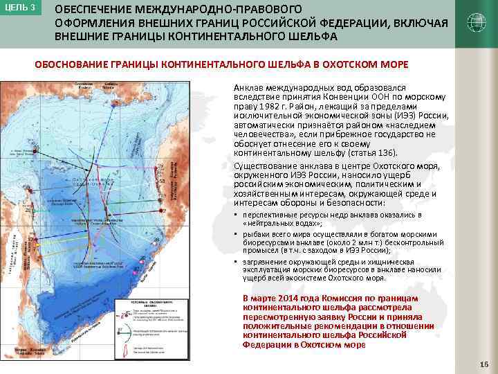 ЦЕЛЬ 3 ОБЕСПЕЧЕНИЕ МЕЖДУНАРОДНО-ПРАВОВОГО ОФОРМЛЕНИЯ ВНЕШНИХ ГРАНИЦ РОССИЙСКОЙ ФЕДЕРАЦИИ, ВКЛЮЧАЯ ВНЕШНИЕ ГРАНИЦЫ КОНТИНЕНТАЛЬНОГО ШЕЛЬФА