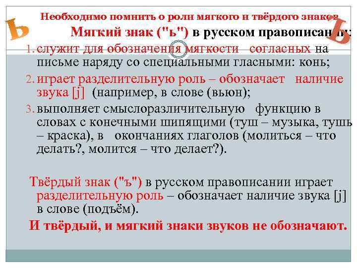 Ъ Необходимо помнить о роли мягкого и твёрдого знаков Мягкий знак (