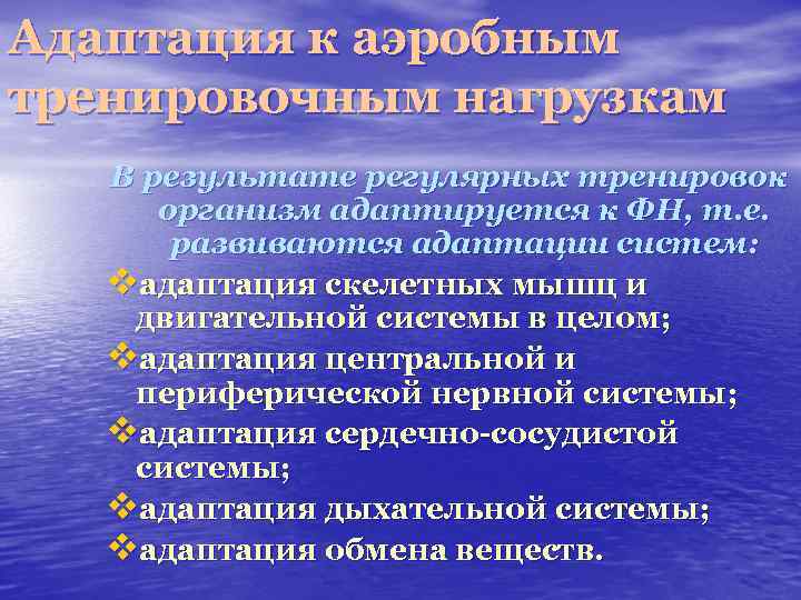 Адаптация к аэробным тренировочным нагрузкам В результате регулярных тренировок организм адаптируется к ФН, т.